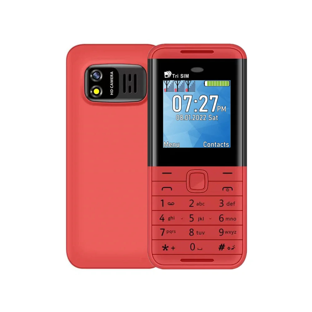 Compact triple SIM mini smartphone in red with keypad and front display
