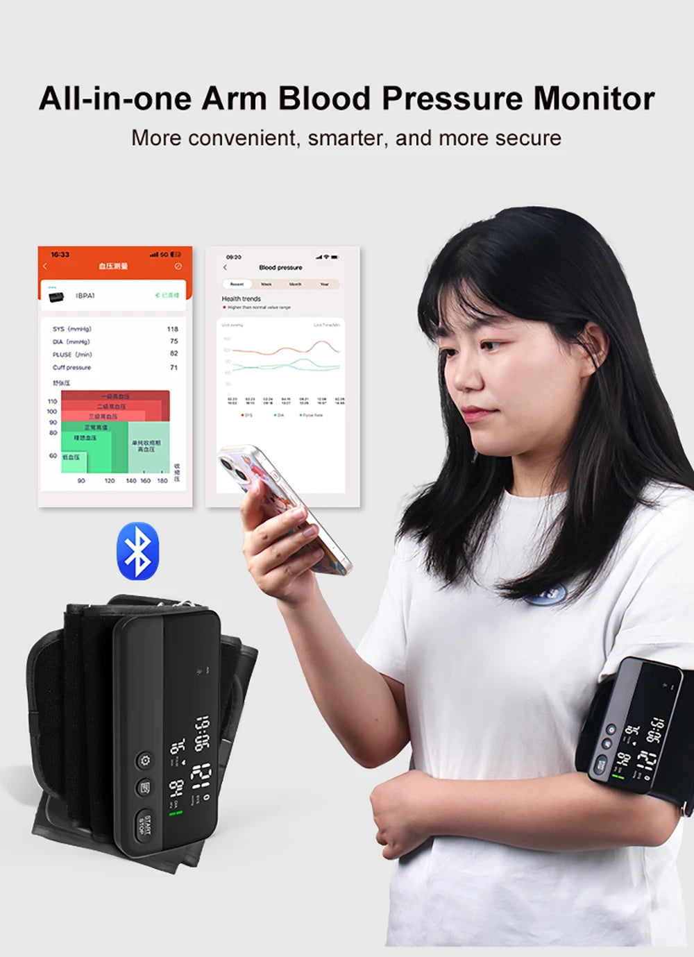 Bluetooth Digital Blood Pressure Monitor Supports English, Spanish LCD Display, Rechargeable Upper Arm Blood Pressure Monitor