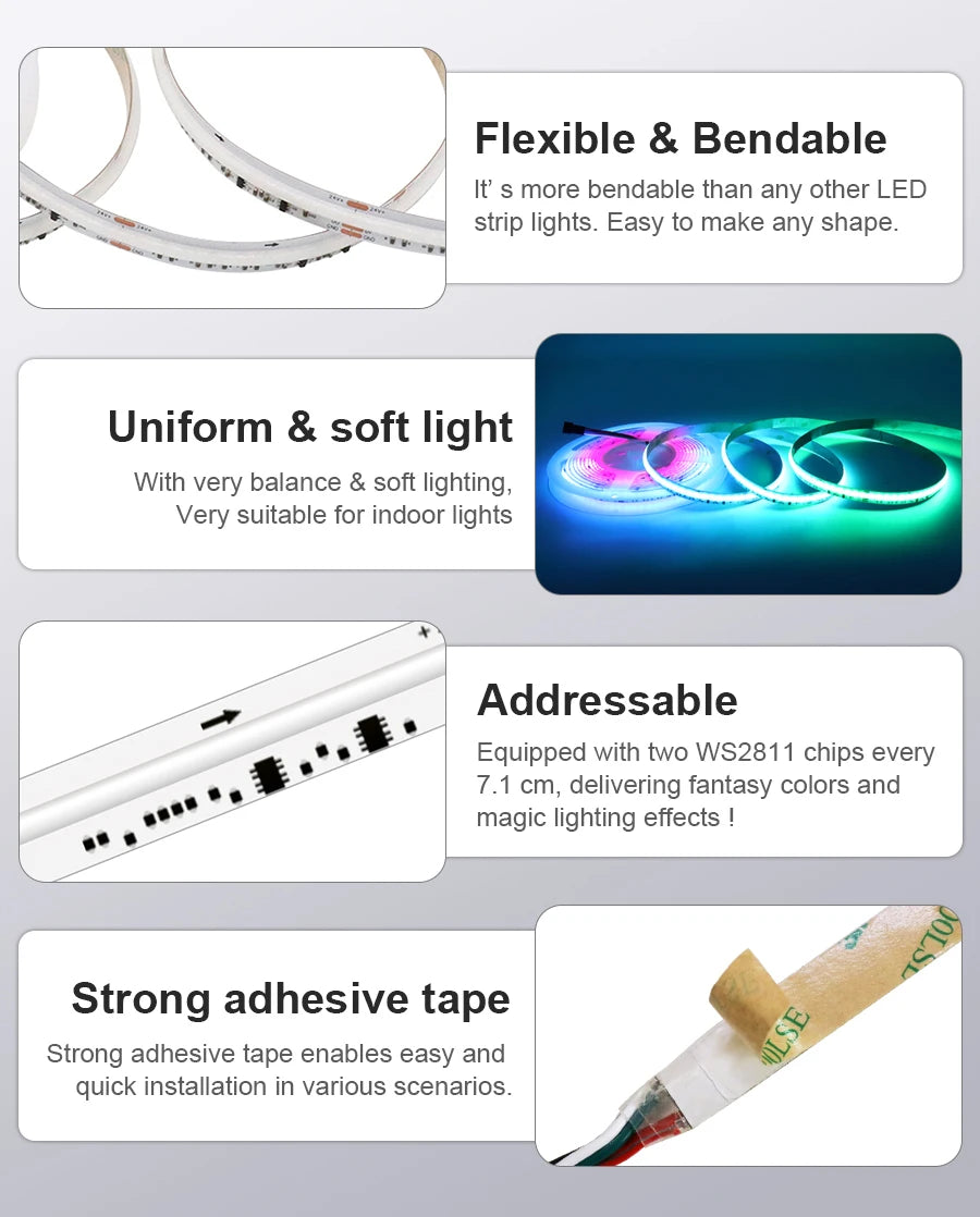 WS2811 Dual IC RGBCCT COB LED Strip Light High Density Chasing Running Addressable RGB LED Tape Support 3000K-6000K CCT Dimmable