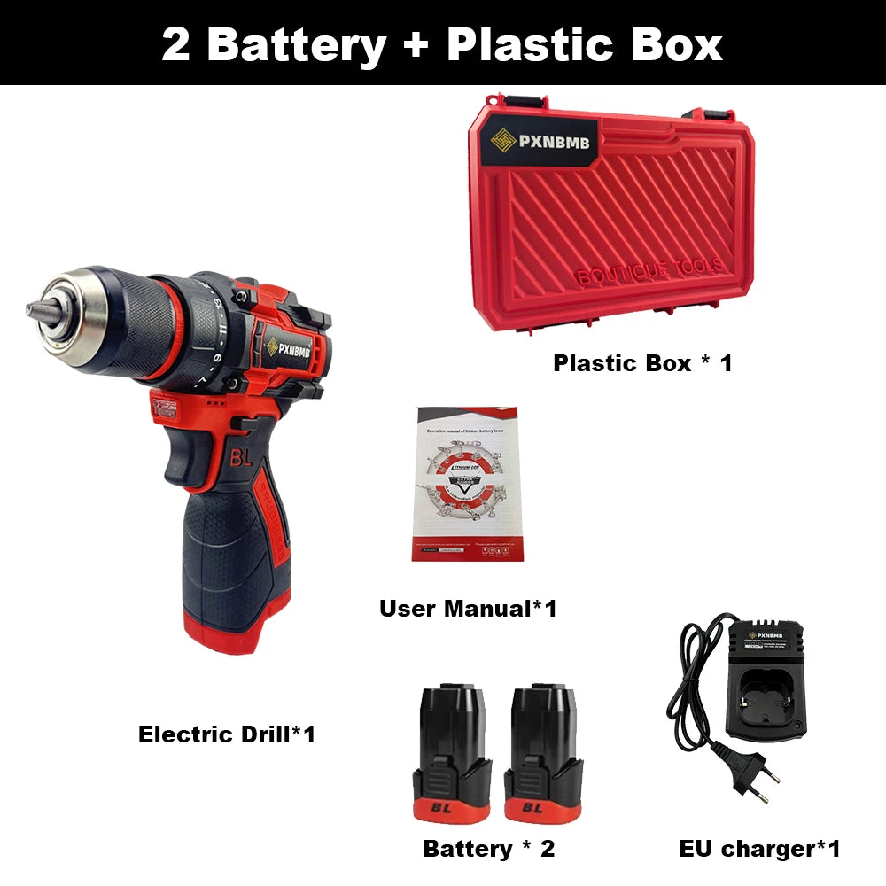 PXNBMB 16.8V 60NM Torque Brushless Electric Drill 10mm Metal Ratchet Chuck Cordless Drill Electric Screwdriver DIY Power Tools