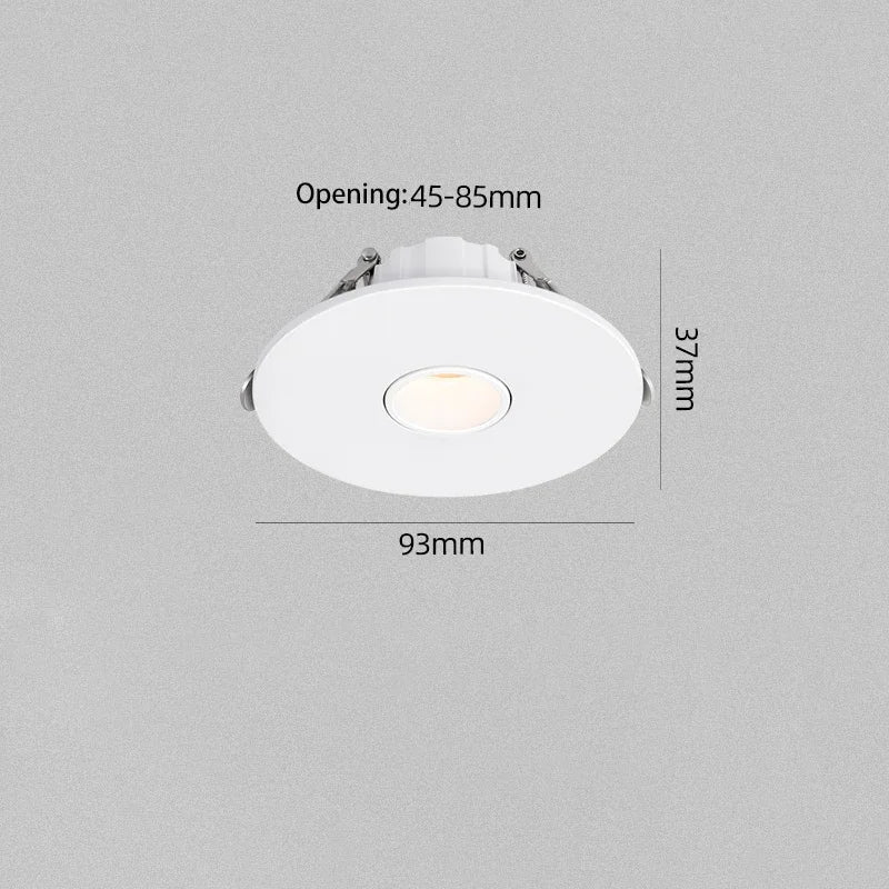 White recessed round LED spotlight with glowing center lens, 93mm, 45–85mm opening
