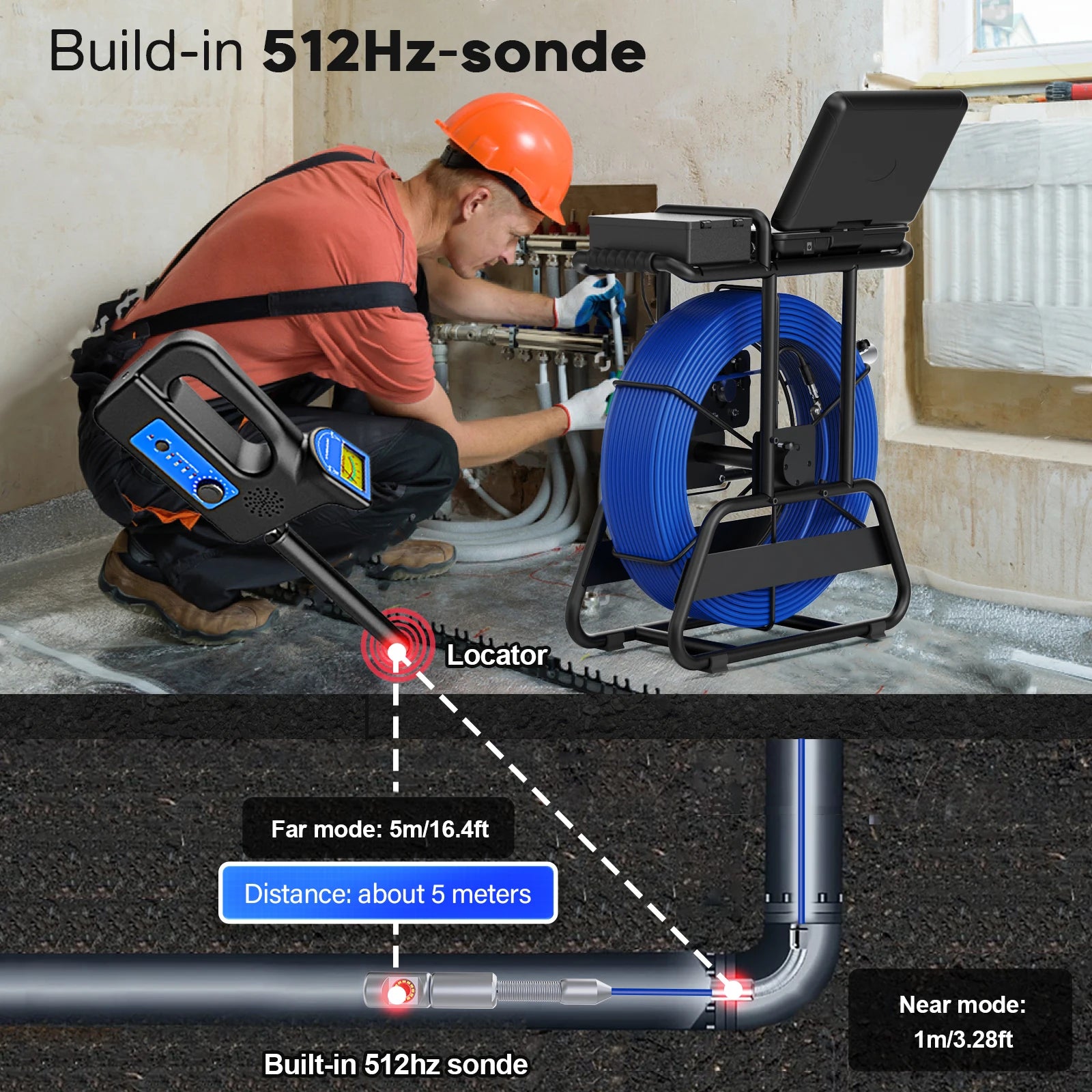 Sewer Camera Inspection 360 Degrees 10″inch IPS+Cable Diameter ø7mm+512HZ Transmitter Locator+Meter Counter+Keyboard