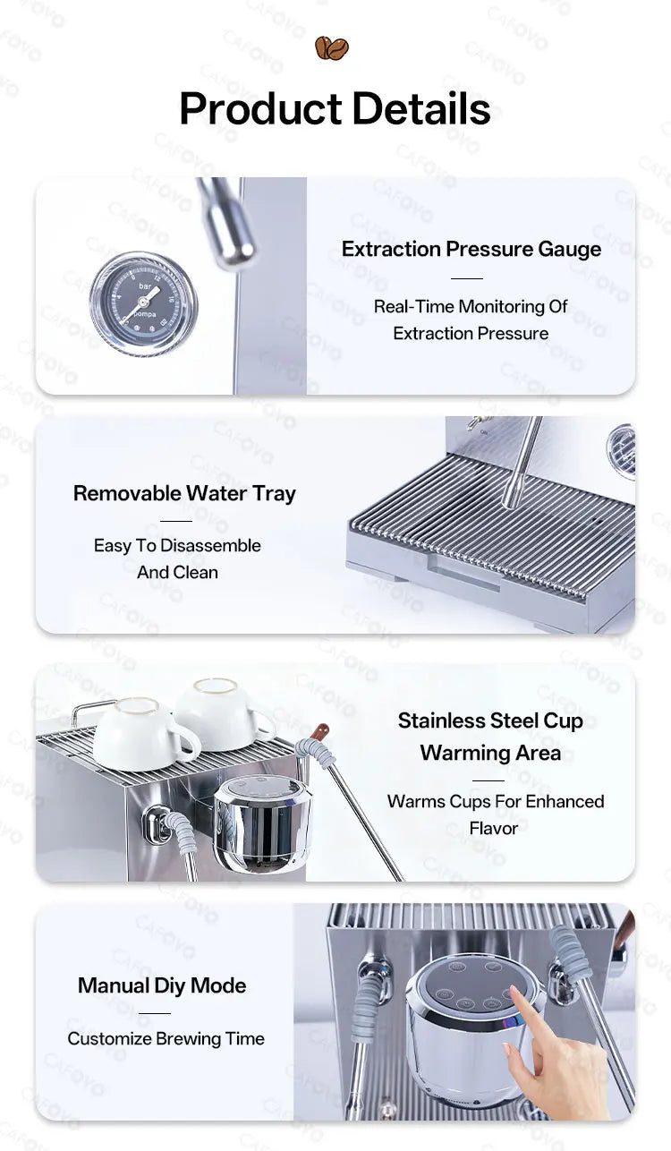 Cafovo stainless steel espresso machine showing pressure gauge, removable tray, cup warmer, and manual control panel.