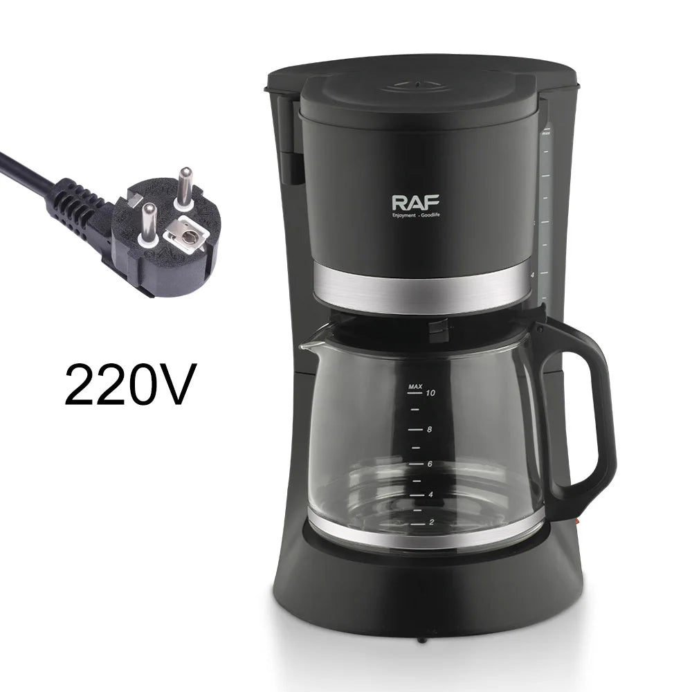 RAF 10-cup drip coffee maker in black plastic with glass carafe, 220V power plug, and silver trim detail.