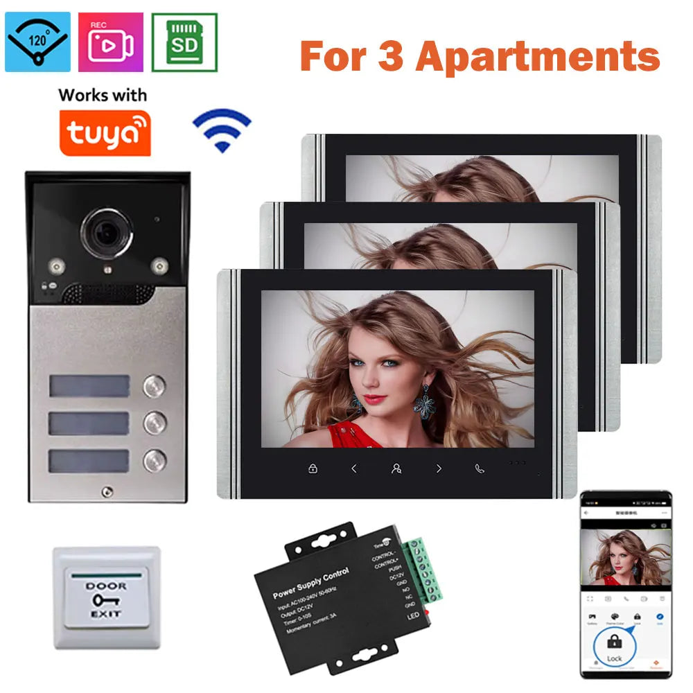 Video intercom system for 3 apartments with outdoor camera, indoor monitors, and exit switch