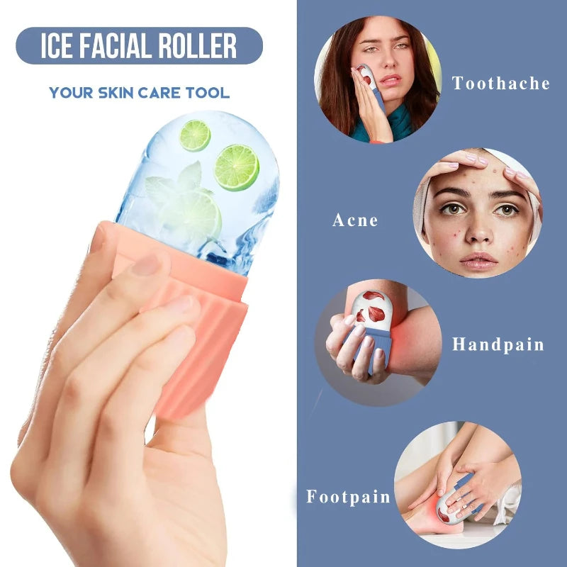 A peach-colored, textured silicone ice facial roller mold containing frozen lime slices, with lifestyle usage examples.