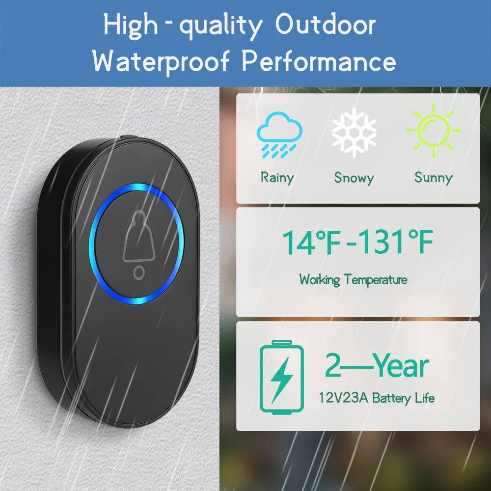 Wireless Doorbell 39 Music LED Flash Security Alarm Outdoor IP65 Waterproof Smart Home Intelligent Door Bell Chime Kit