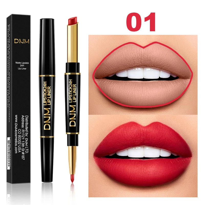 DNM 2-in-1 waterproof matte lipstick and lip liner pencil in shade 01, featuring nude and bold red lip swatches.