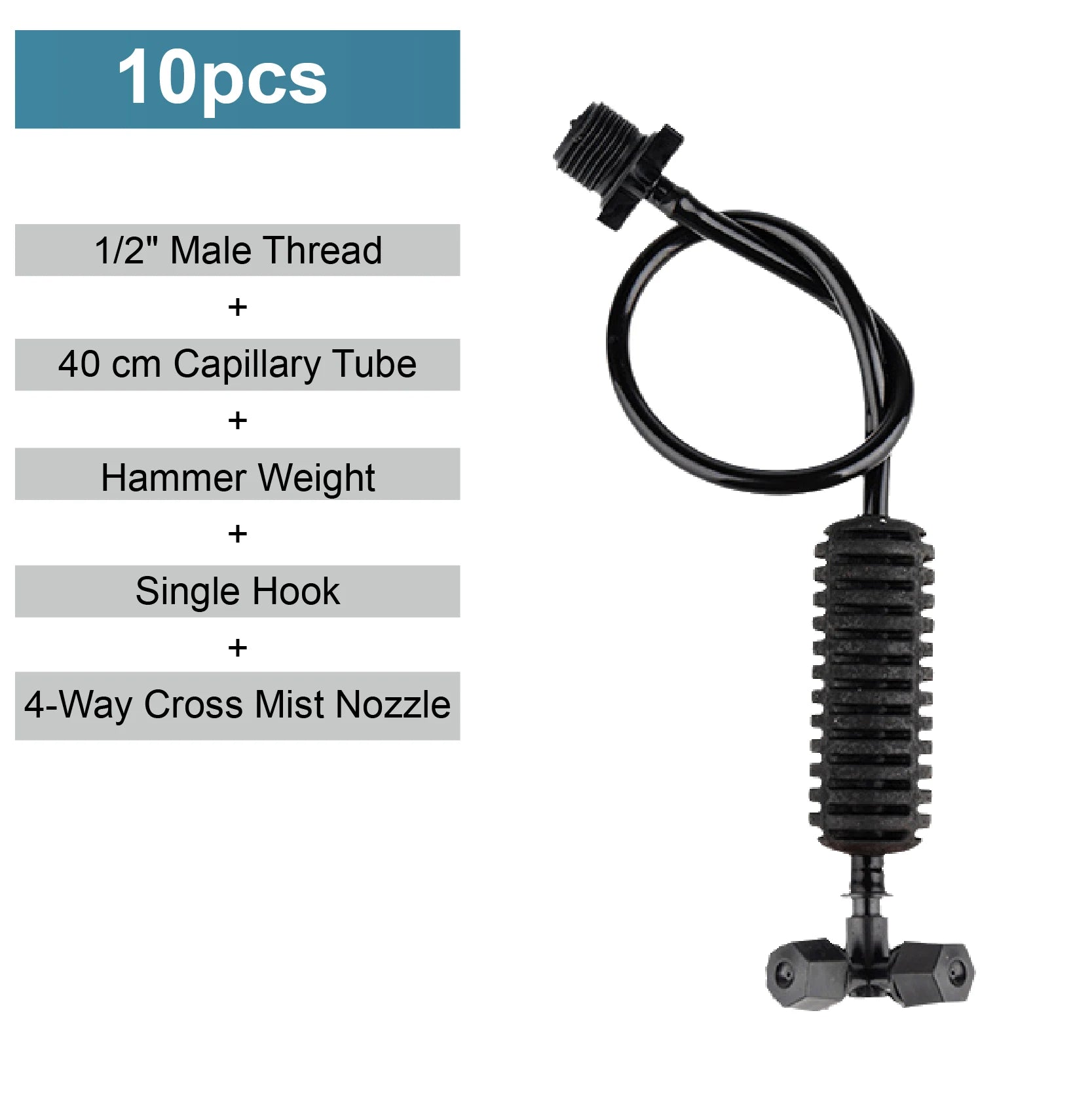 4-way cross mist nozzle kit with black capillary tube and single hook, male thread