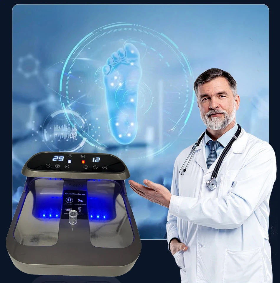 Doctor presenting Tera-P90 Terahertz PEMF bio-cell resonance foot massager with blue LED therapy for home health care.