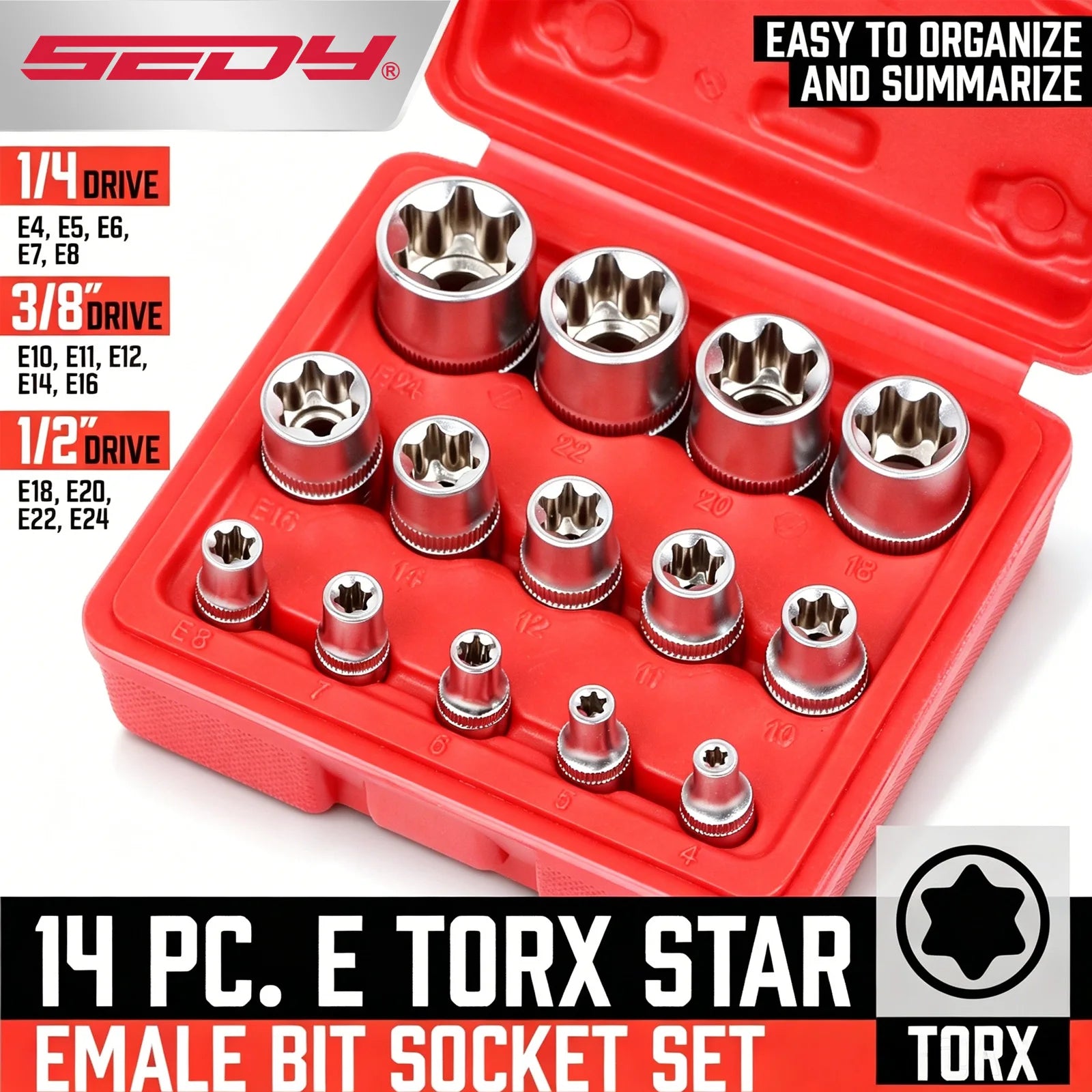 SEDY 14PCS Female E Star Torx Socket Set E4-E24 E-Torx External Hex Socket Insert Nut