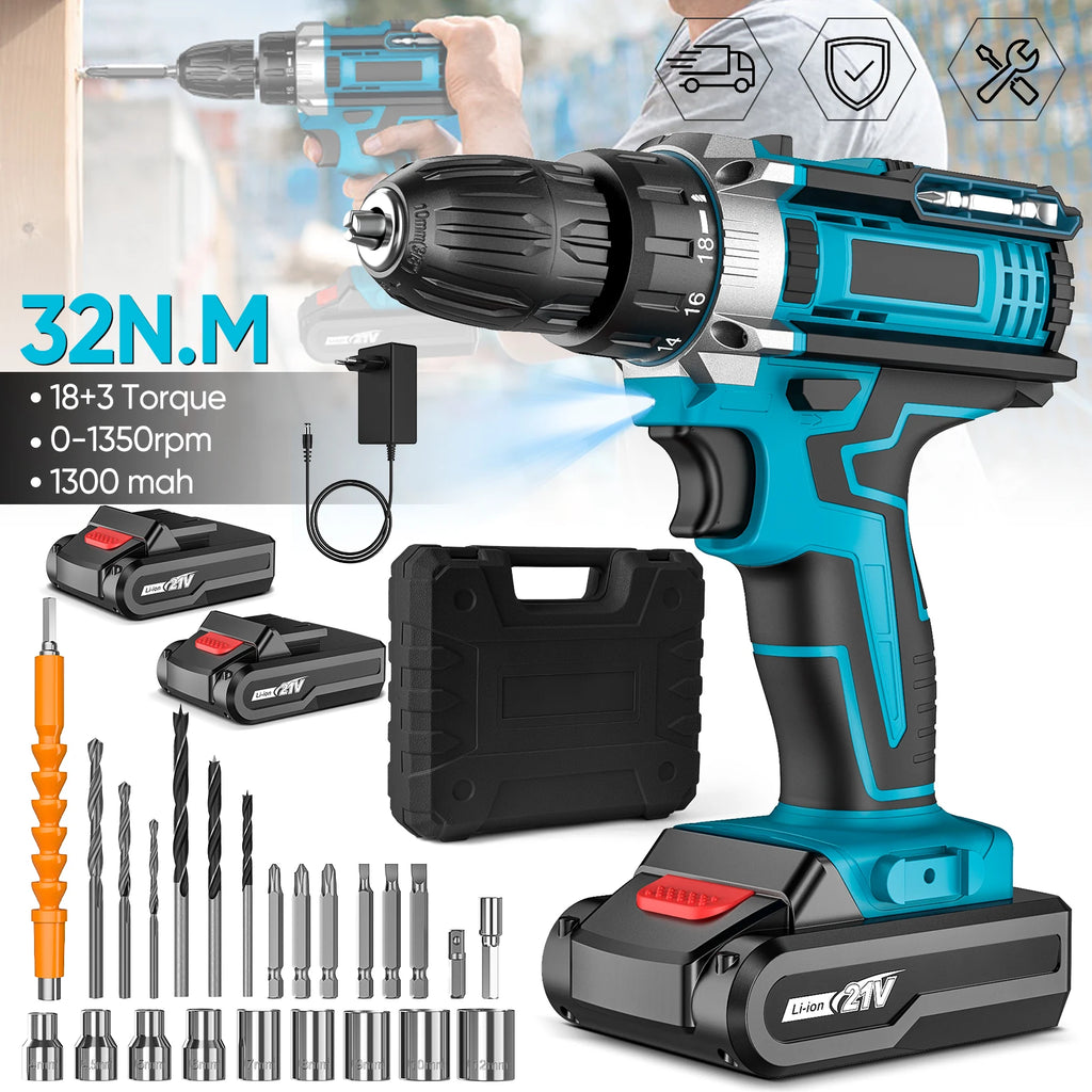 45N.m 1800RPM Cordless Electric Impact Drill 25+3 Torque Settings Electric Screwdriver Power Tool With 2PCS Batteries For Home DIY Woodworking