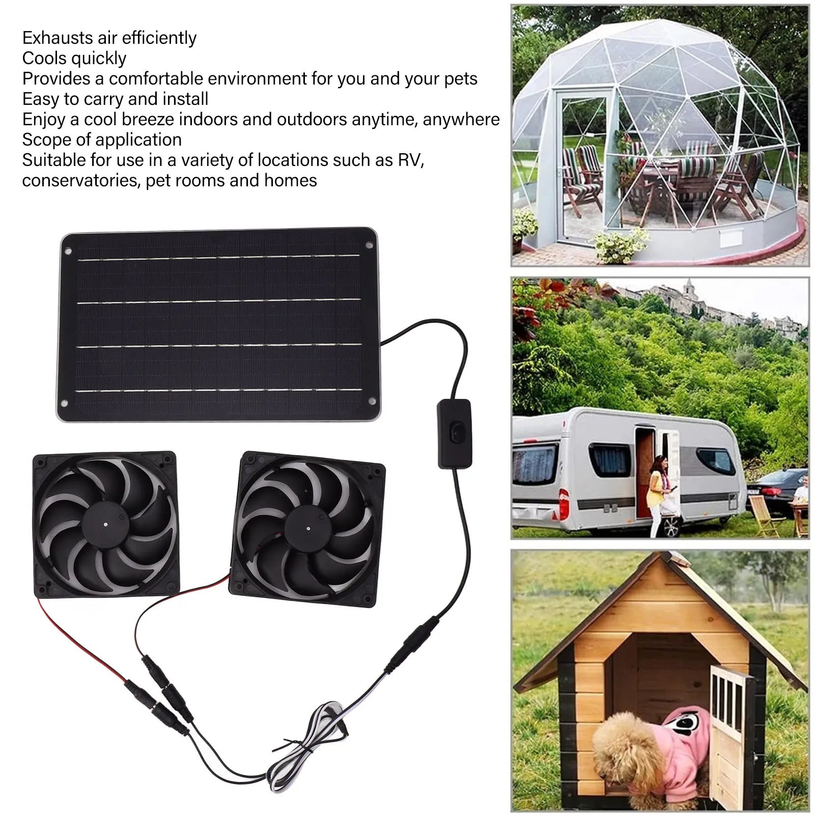 20W solar-powered dual fan kit with switch for cooling pet houses, RVs, and greenhouses efficiently.