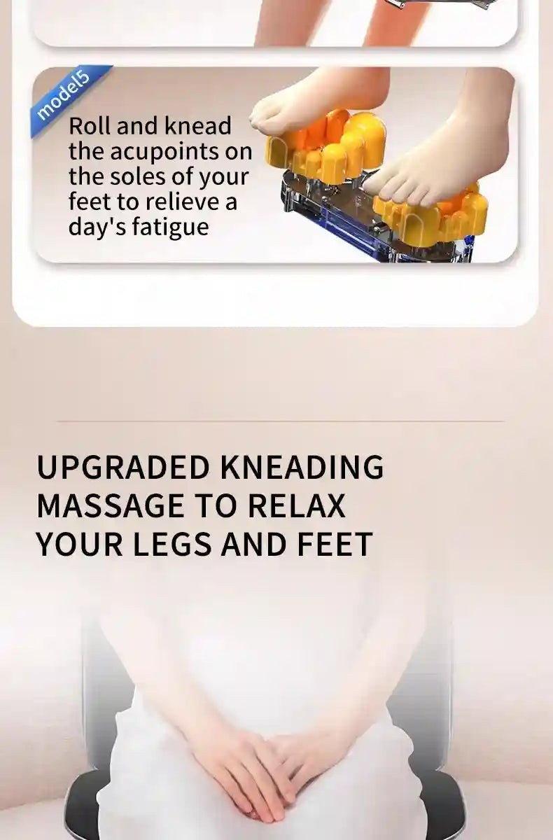 An electric foot massager with yellow kneading rollers in use, shown with a person sitting on a massage chair.