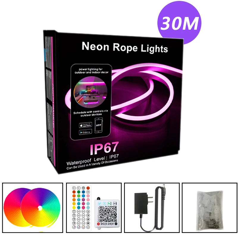 RGB LED neon rope light kit, 30M roll, IP67 waterproof, boxed with control details