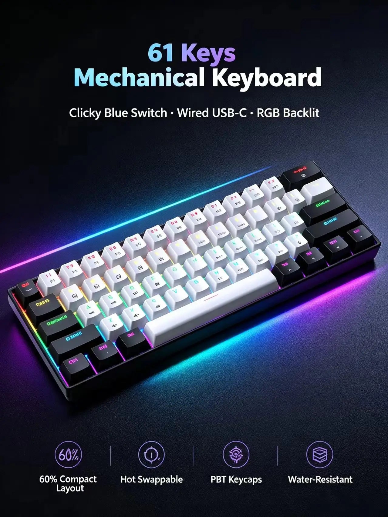 61 key Gaming Mechanical Keyboard RGB Backlit Ultra Compact Mini Layout Suitable for PC/Mac Gamers and Typists