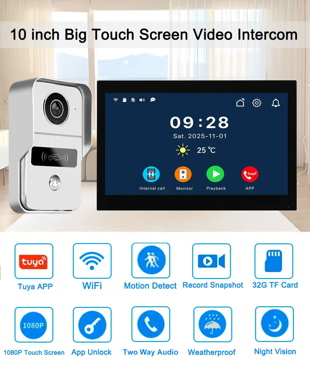 Wireless WiFi Video Doorbell 4 Wire 10 inch Touch Screen Tuya Smart 2V2/2V3 Home Video Doorphone Intercom System RFID APP Unlock