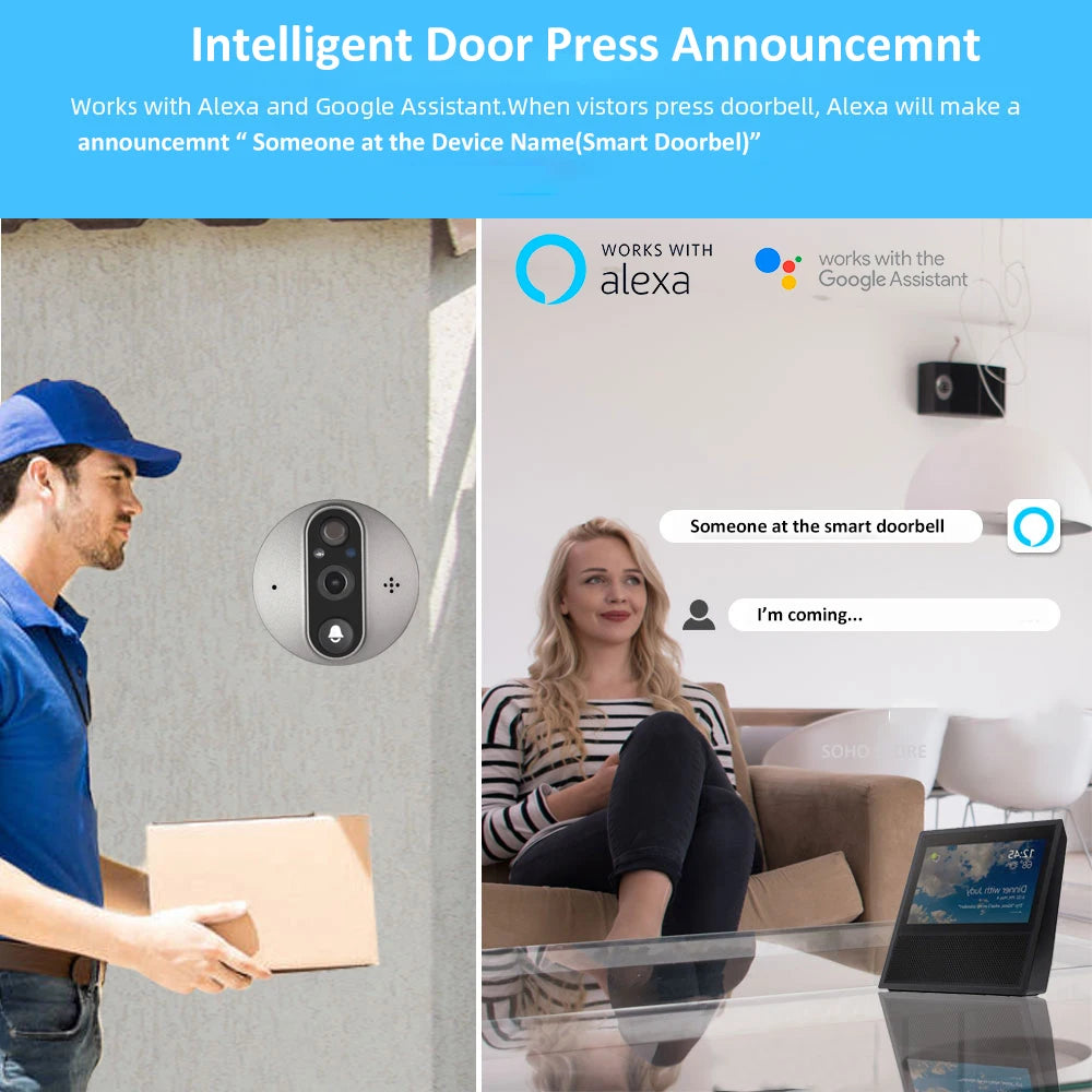 Yuezhe Tuya 3MP Peephole Smart WiFi Doorbell with Camera 4.3inch 1080P Eye 5000mAh PIR Motion Alarm Alexa Bell for Home