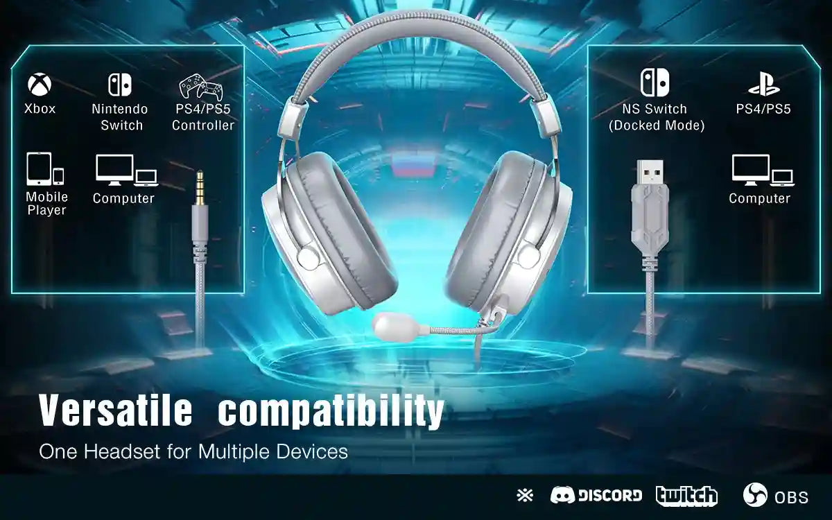 USB Gaming Headset 7.1 Surround Sound Wired Over-Ear PC PS5 White Tidesmit