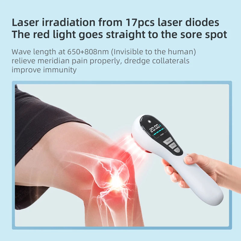 Handheld cold laser therapy device with 17 diodes for infrared red light pain relief on knee joint.