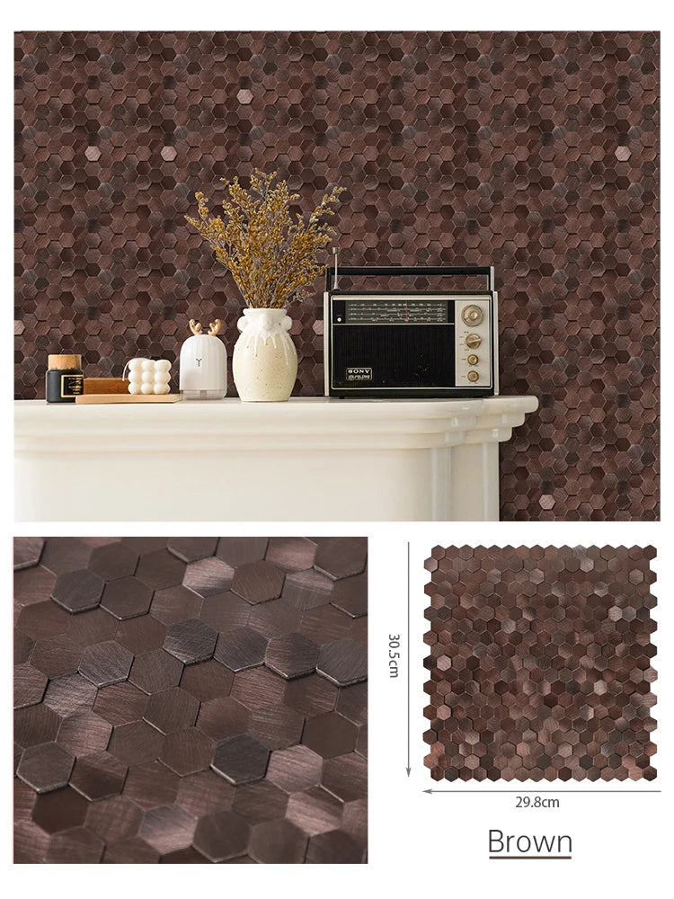 Brown hexagon 3D metal peel-and-stick backsplash tiles, self-adhesive wall squares