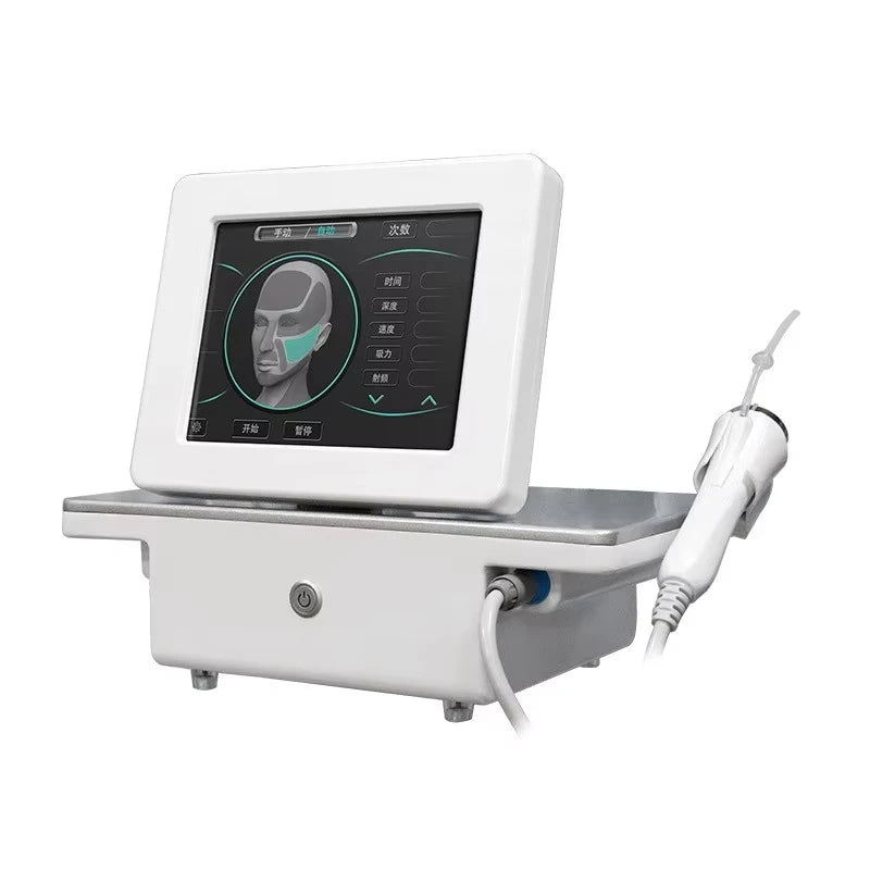 Portable fractional RF skin tightening device with touchscreen interface for facial wrinkle and stretch mark removal.