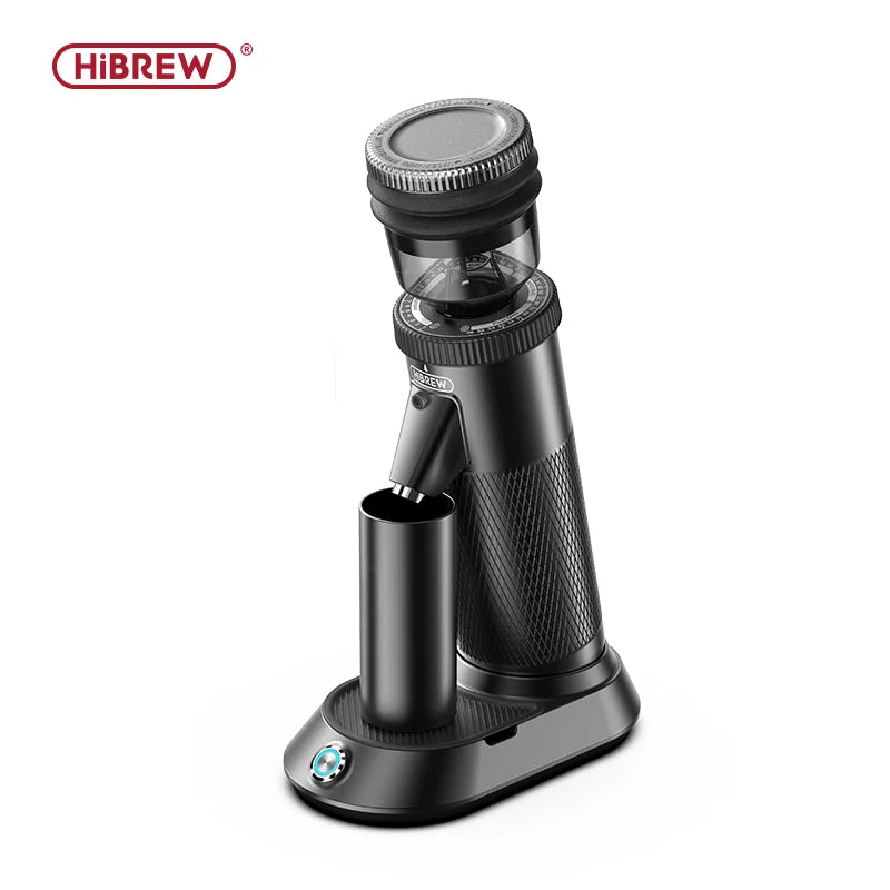 HiBREW black electric coffee grinder with textured metal body, top hopper, and magnetic dosing cup on base.