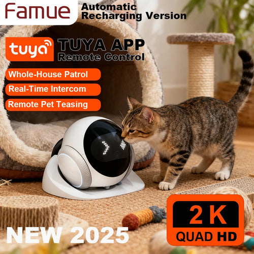 White and black automatic charging robot security camera with wide-angle lens