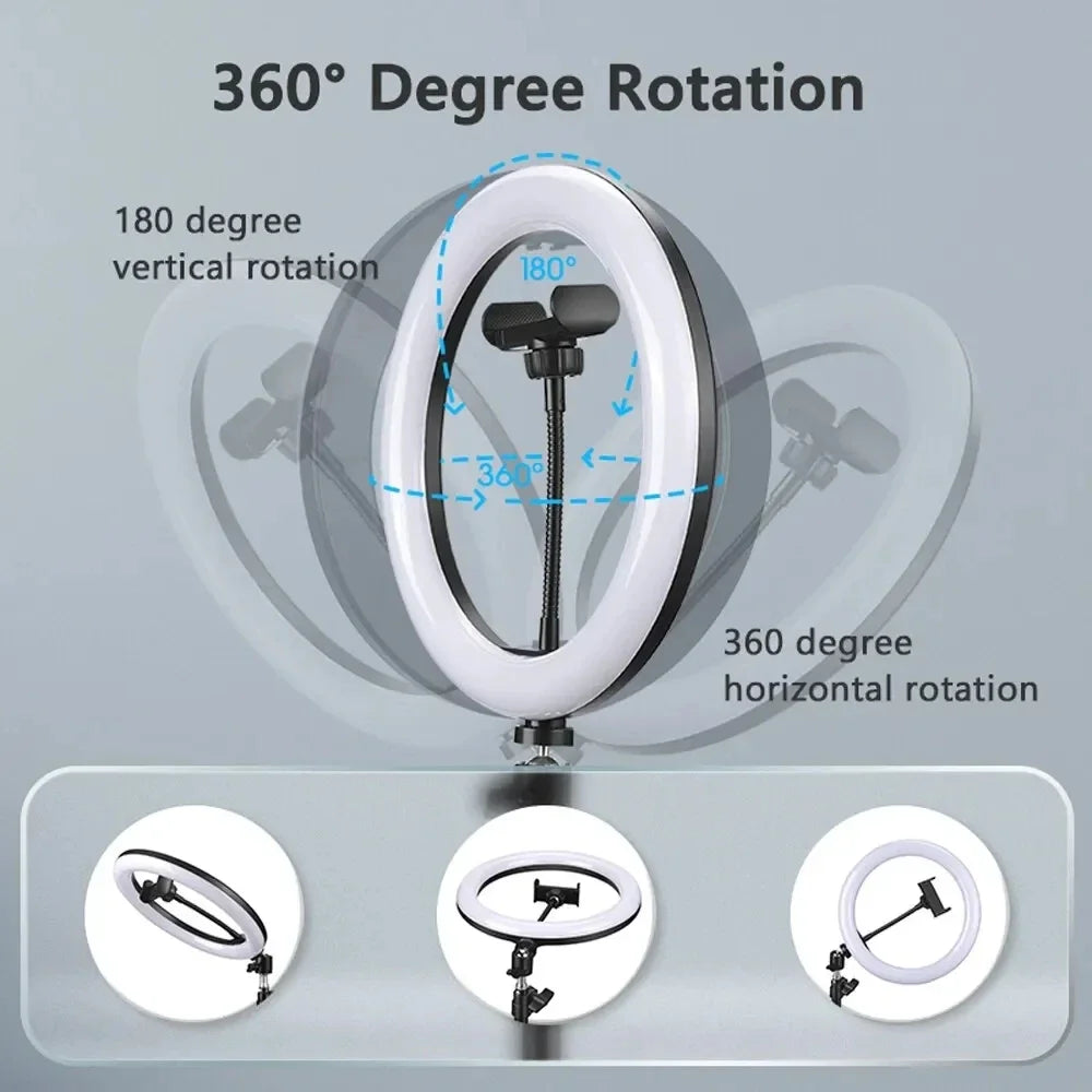 Black ring light with phone holder, showing 360-degree horizontal and 180-degree vertical rotation for video lighting.