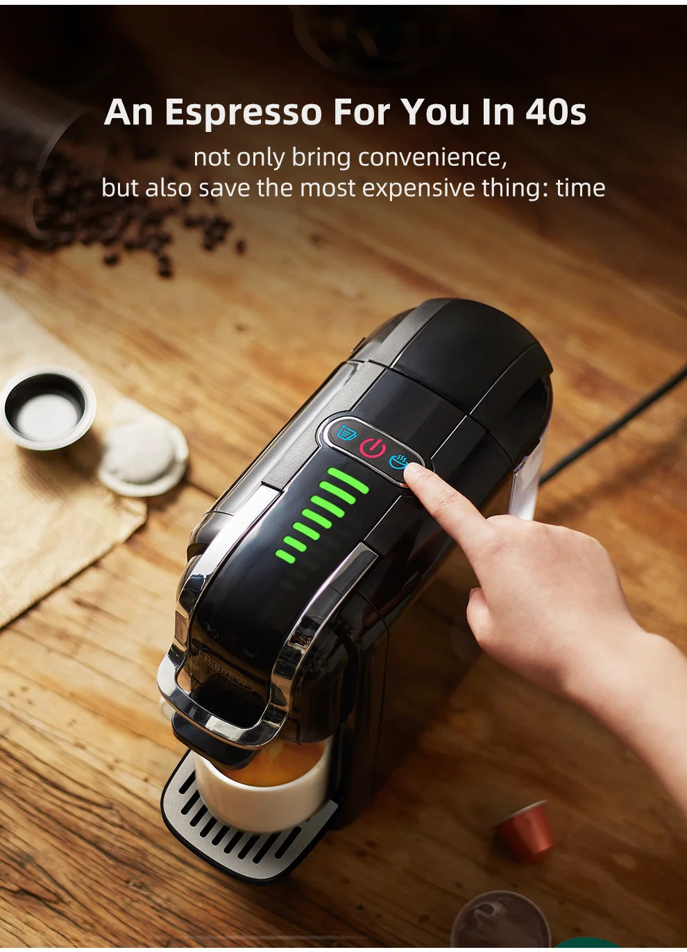 HiBREW compact black capsule espresso coffee maker with touch control panel, status lights, and cup on wooden table.