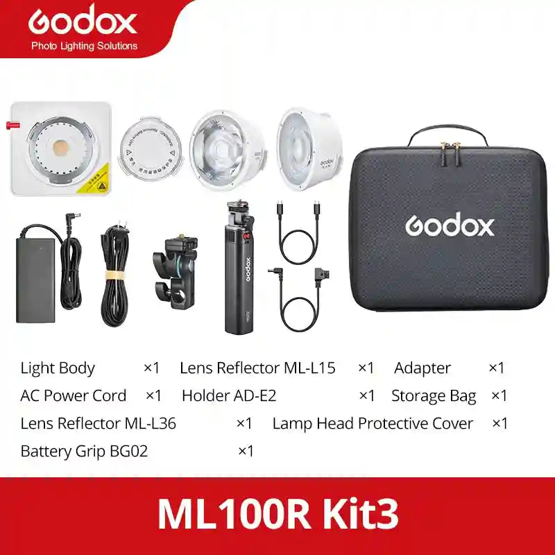 ML100R Kit3 photography light set including white light body, two reflectors, battery grip, power adapter, and carry