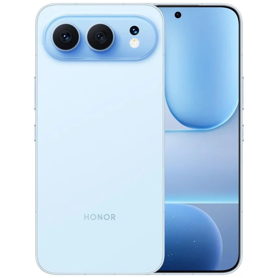 Light blue HONOR 500 5G smartphone showing dual rear cameras and front display in studio view.