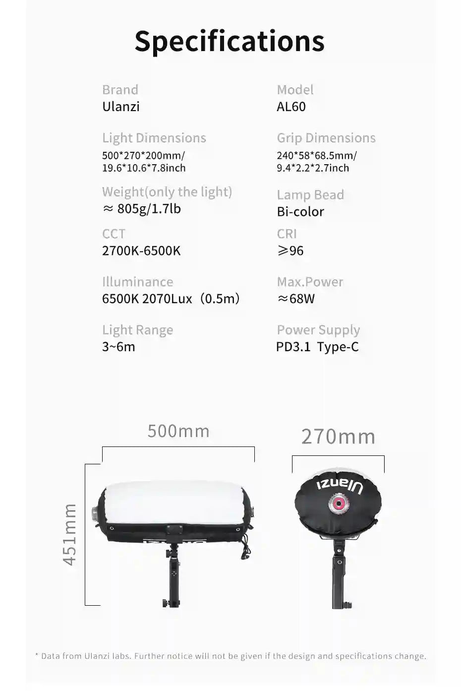 AL60 portable bi-color LED video light with a 500mm wide diffuser, black handle, and technical specification list.