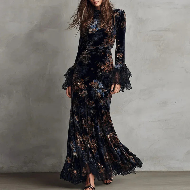 Retro New Floral Print Velvet Long Dresses Woman Sexy O Neck High Waist Evening Dress Autumn Long Sleeve Spliced Lace Maxi Dress