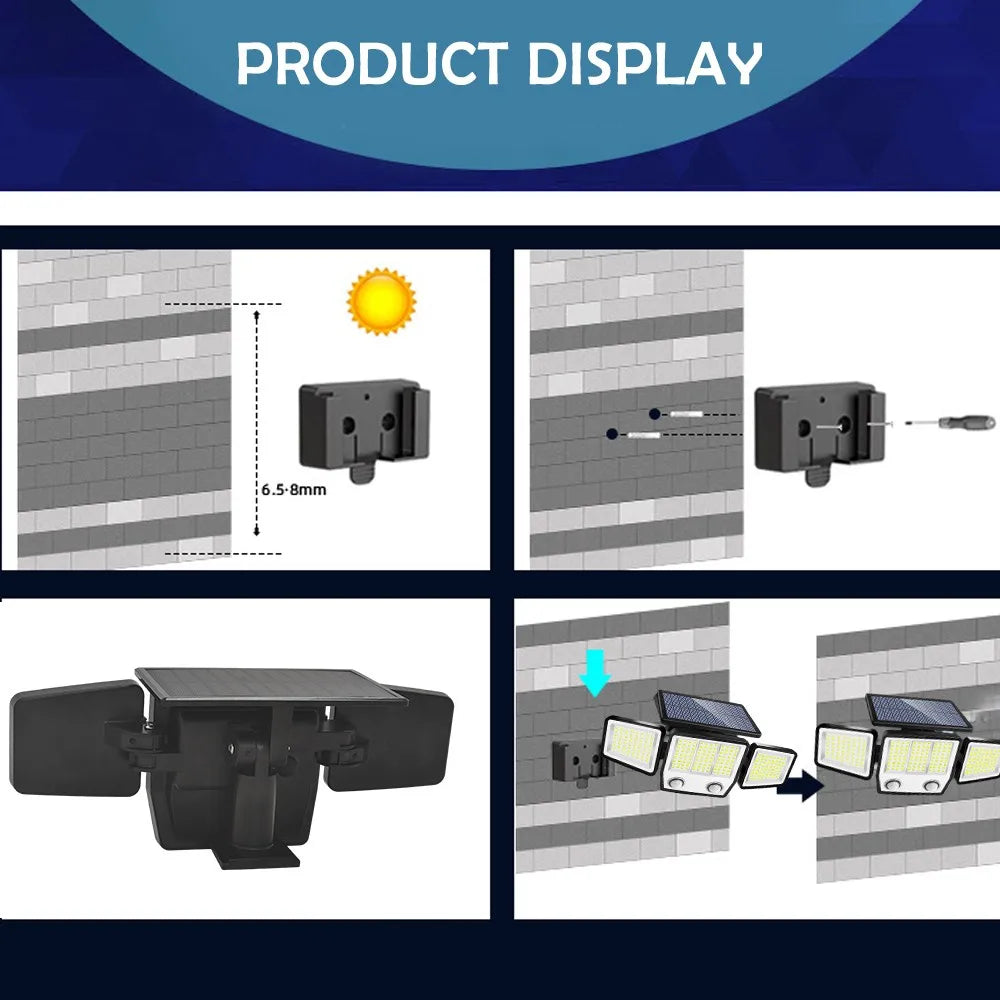 Solar Lights Outdoor 3 Heads Motion Sensor 286/236LED Security Flood Lights Waterproof 3 Modes Wall Lamp for Garden Patio Yard