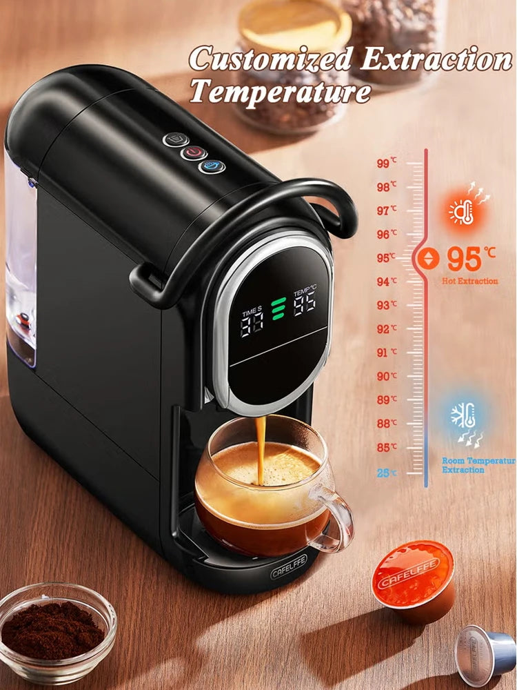 Black Cafelffe capsule coffee maker with digital temperature display pouring espresso into a glass cup.