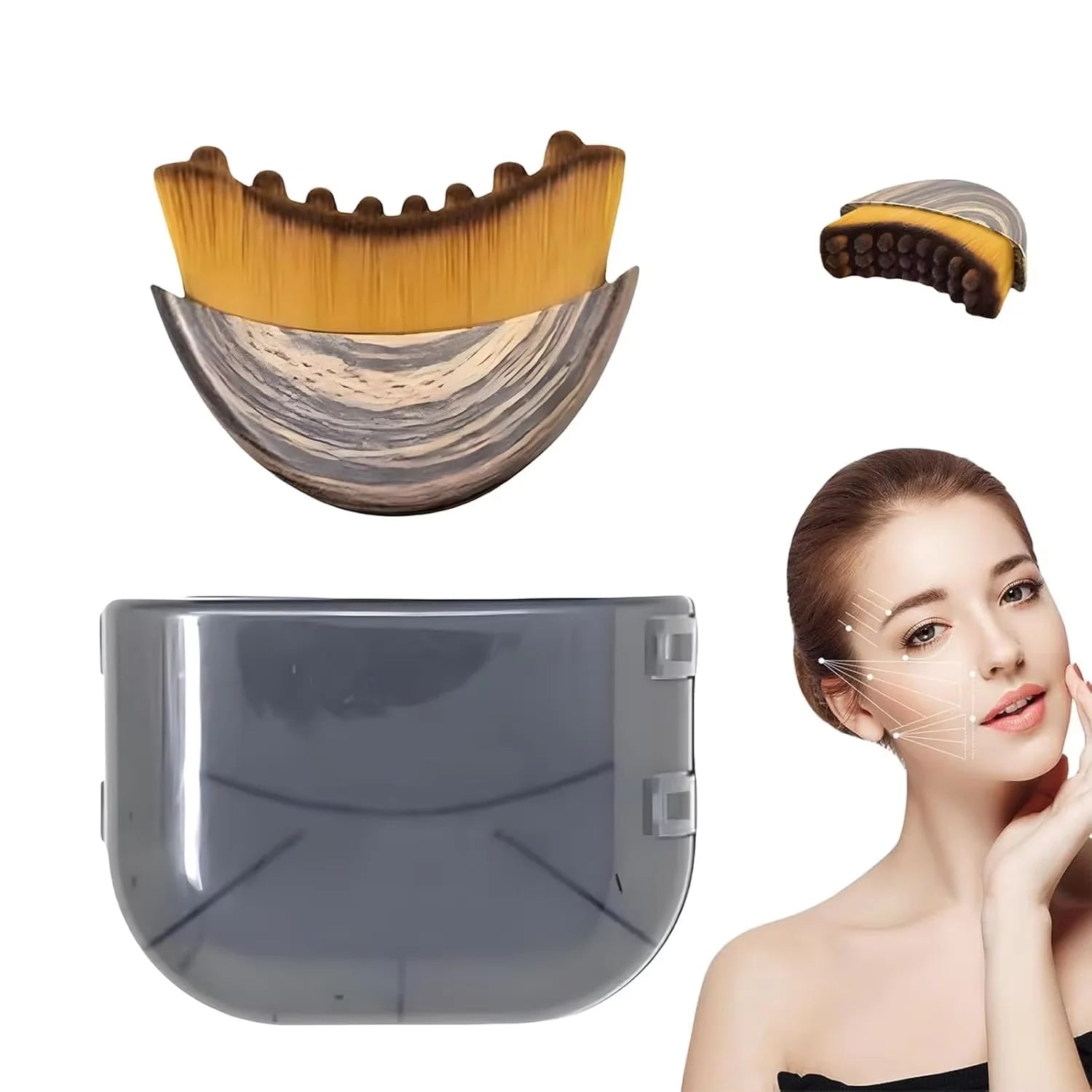 Curved contour brush with wood-grain handle, protective case, and diagram showing facial lymphatic drainage.