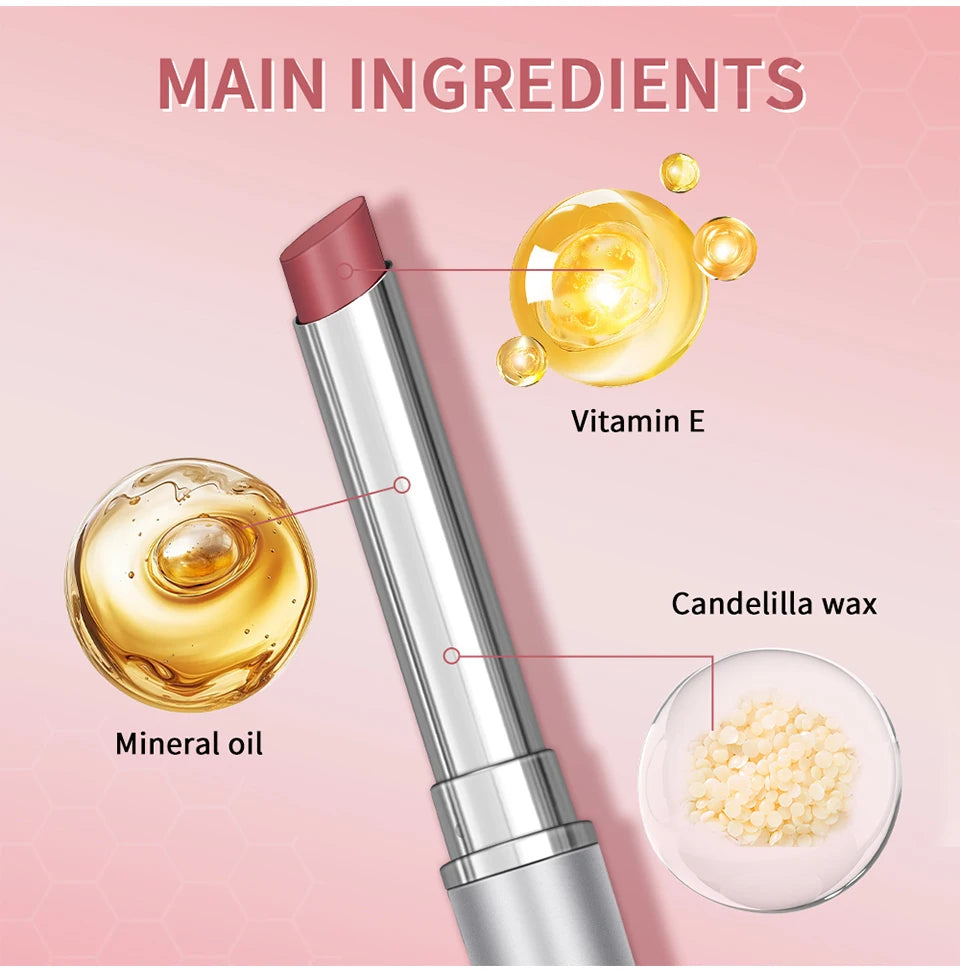 Nourishing brown-tinted moisturizing lipstick balm with Vitamin E, mineral oil, and candelilla wax for smooth lips.