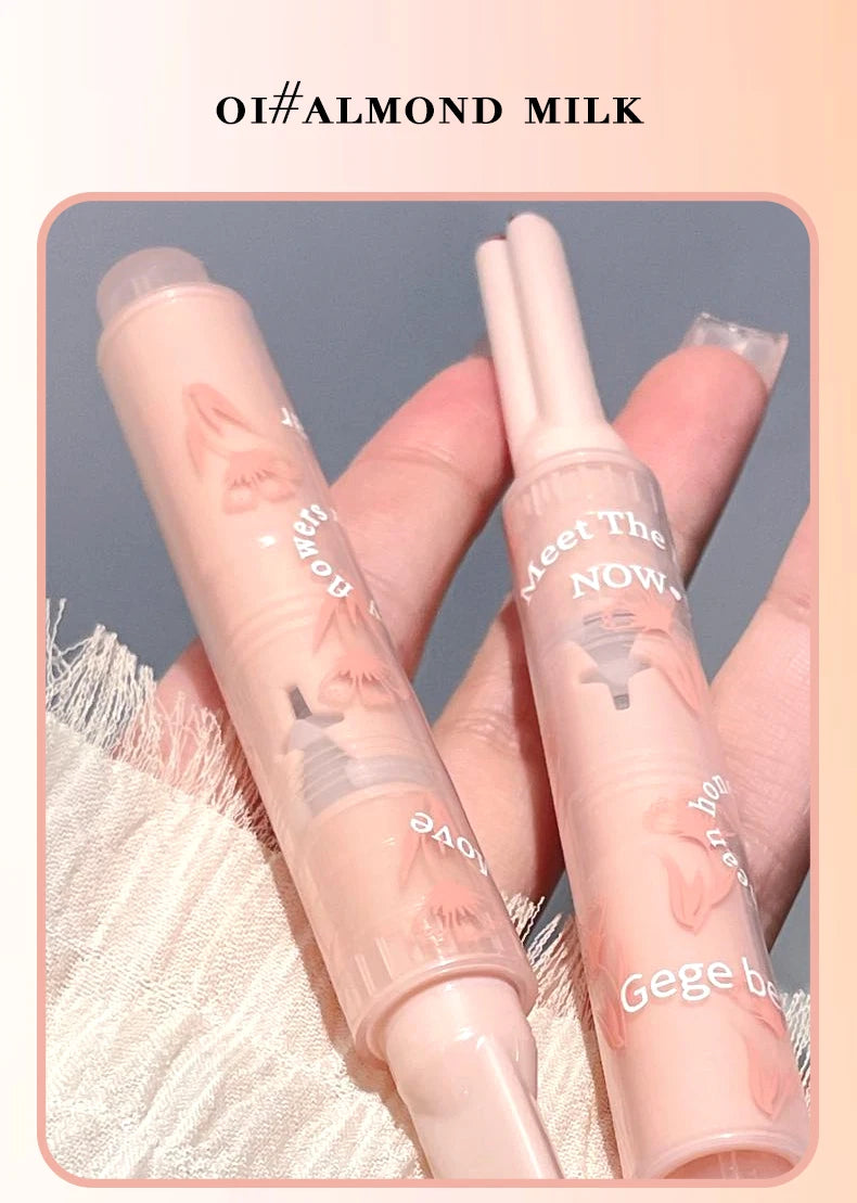 Gege Bear Floral Whisper Almond Milk lipstick with glossy jelly finish and heart-shaped bullet in hand.