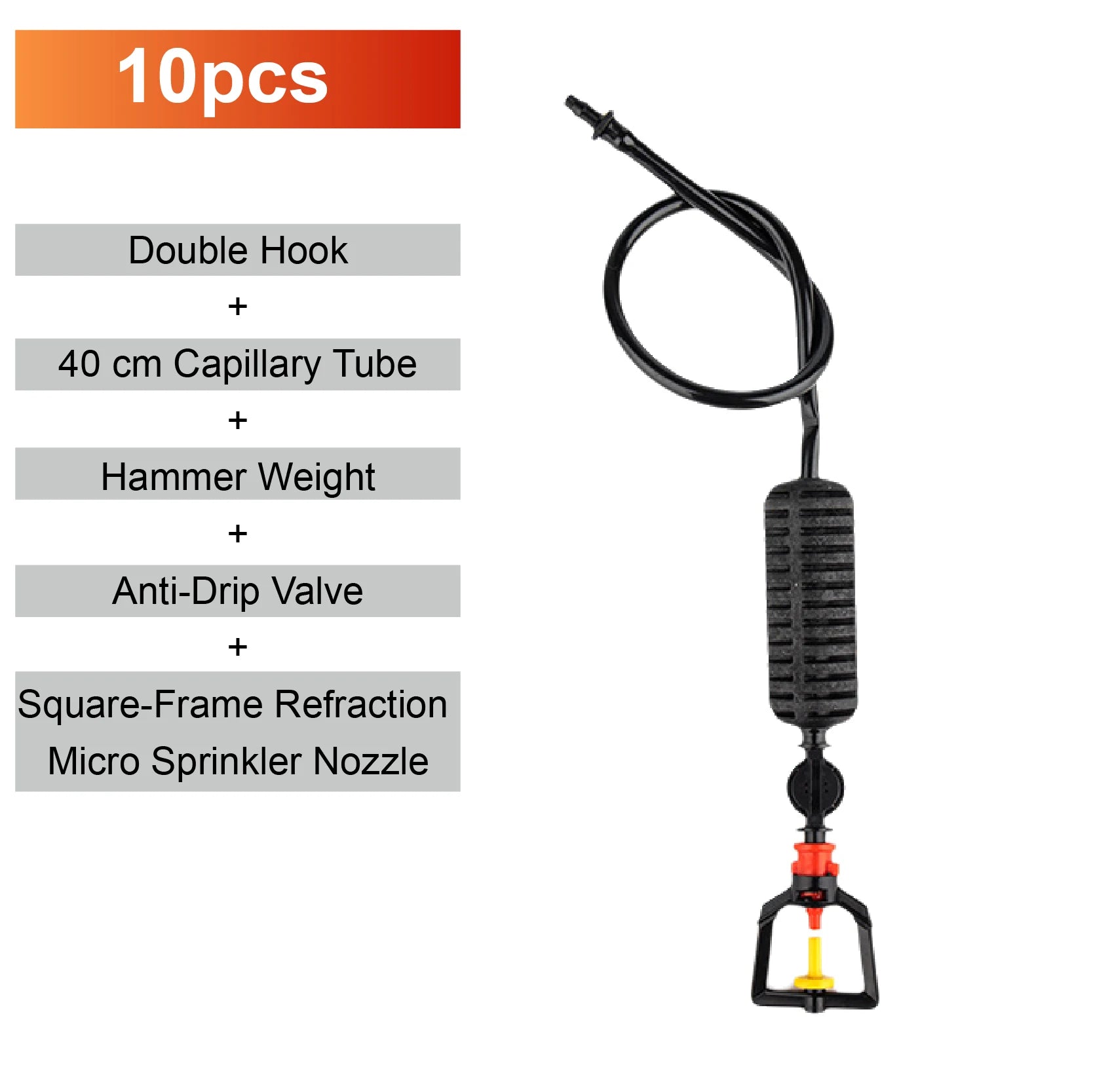 Hanging misting micro sprinkler with black tube, double hook, and square-frame refraction head