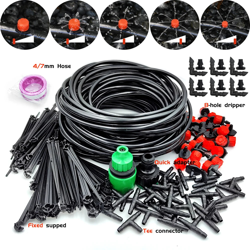 Garden drip irrigation kit with coiled hose, red emitters, tees, and end plugs