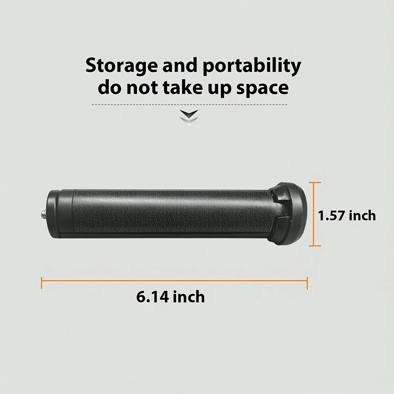 Black cylindrical handheld stabilizer grip with textured surface, 6.14 inches long and 1.57 inches wide.