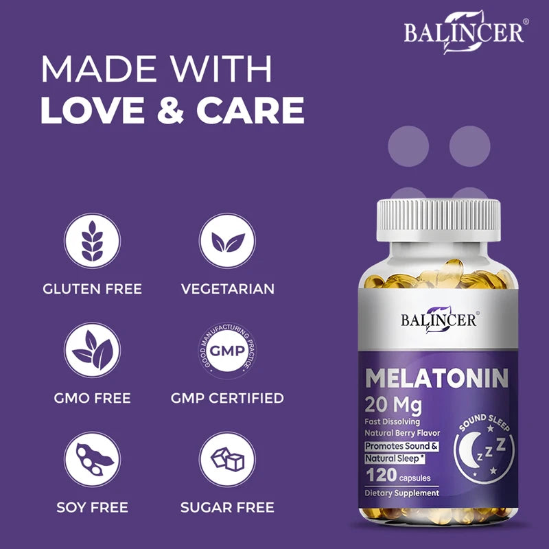 Melatonin 20mg Capsules, Natural Sleep Aid, Fall Asleep Faster, Improves Sleep Quality, Deep Sleep, Relaxation, Vegan