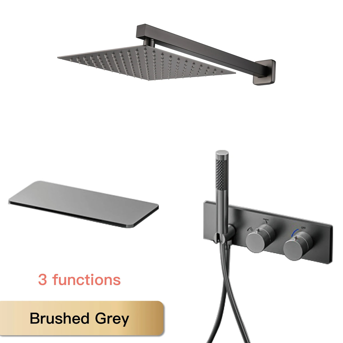 Brushed grey thermostatic shower system with rainfall ceiling head and 3-function wall mixer