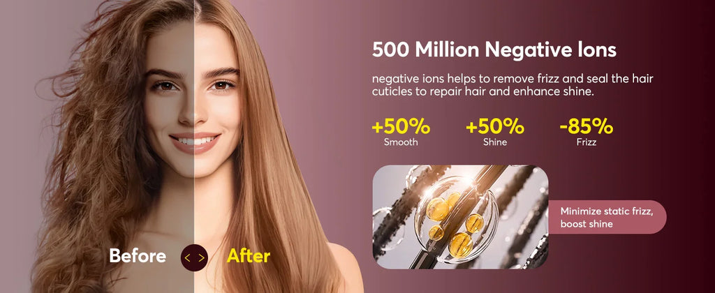 5-in-1 hot air styler before and after: negative ion technology reduces frizz and boosts hair shine for smooth styling.