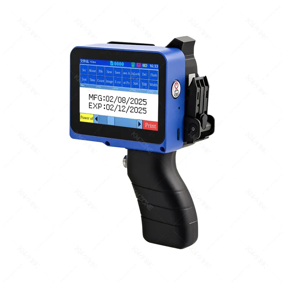 Blue and black handheld inkjet printer with 2.8-inch screen displaying date/expiry