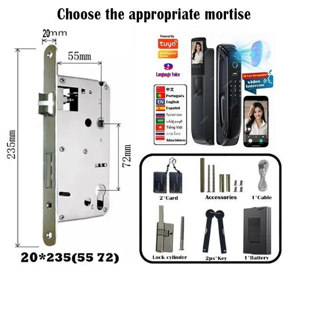 6068,5572,6072,6085 Mortise Lock Tuya Wifi App Camera Smart Digital Lock With Fingerprint Face Key Card Rfid