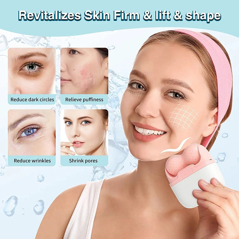 A woman uses a compact, two-ball pink and white handheld ice roller for facial massage and skincare.