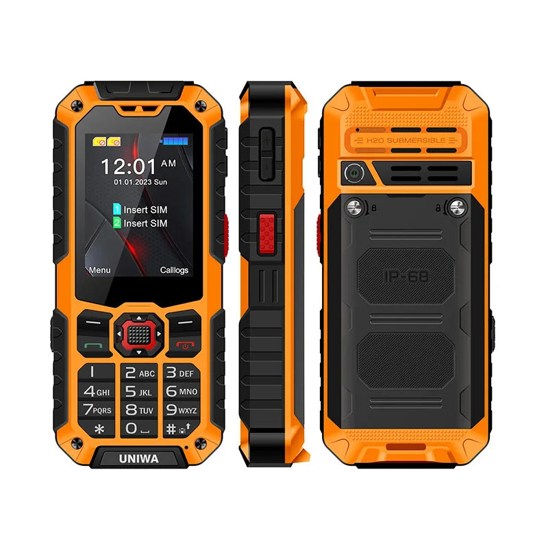 UNIWA S9 rugged orange 4G feature phone, front, side, and back views with IP68 waterproof design and SOS button.