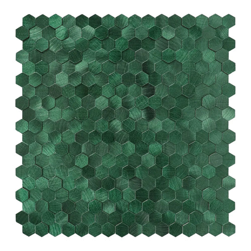 Green 3D metal hexagon peel-and-stick backsplash tile sheet with textured finish